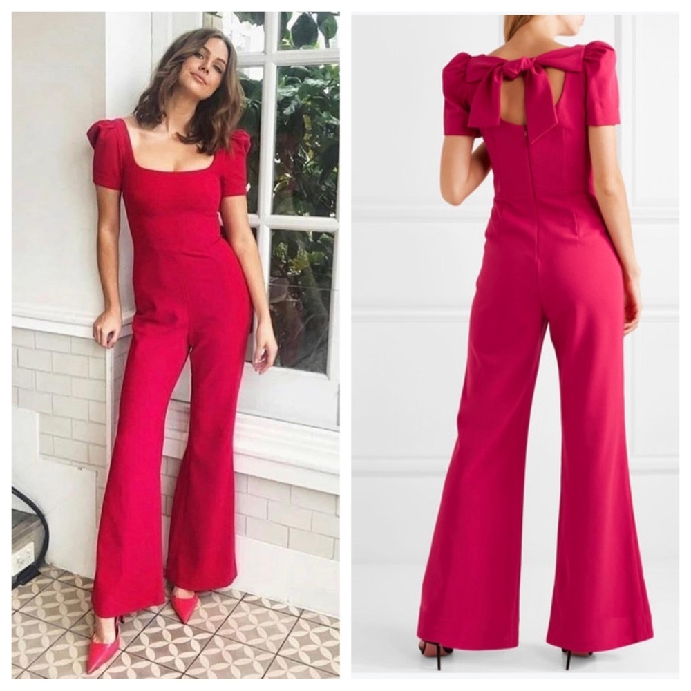 REBECCA VALLANCE Poppy Red Fuschia Bow Tie Back Short Sleeve Jumpsuit Size US 4